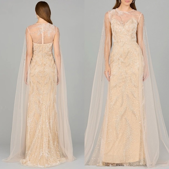 LARA Long Cape Beaded Gown in Champagne/Ivory 6 - Picture 1 of 11